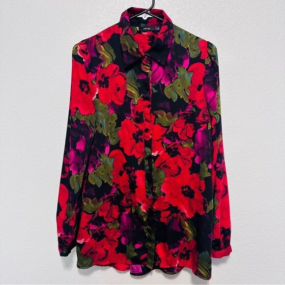 90s Red Black Floral Blouse - Oversized Poppy Print - Dark Winter Floral - M - Picture 2 of 9